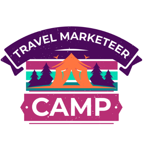 WorldVia's Travel Marketeer Camp Logo With an Orange Tent and Purple Trees in Purple